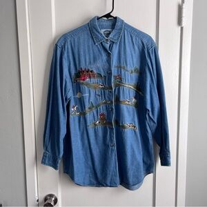 VTG Embroidered Denim Shirt (hunting scene) M